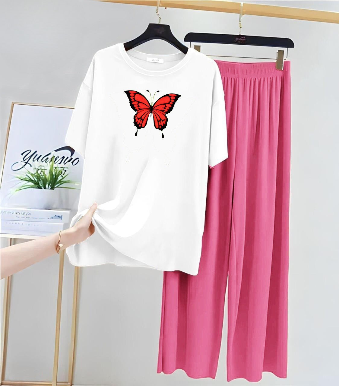 Butterfly White Pink Loungewear - Zama Fashion