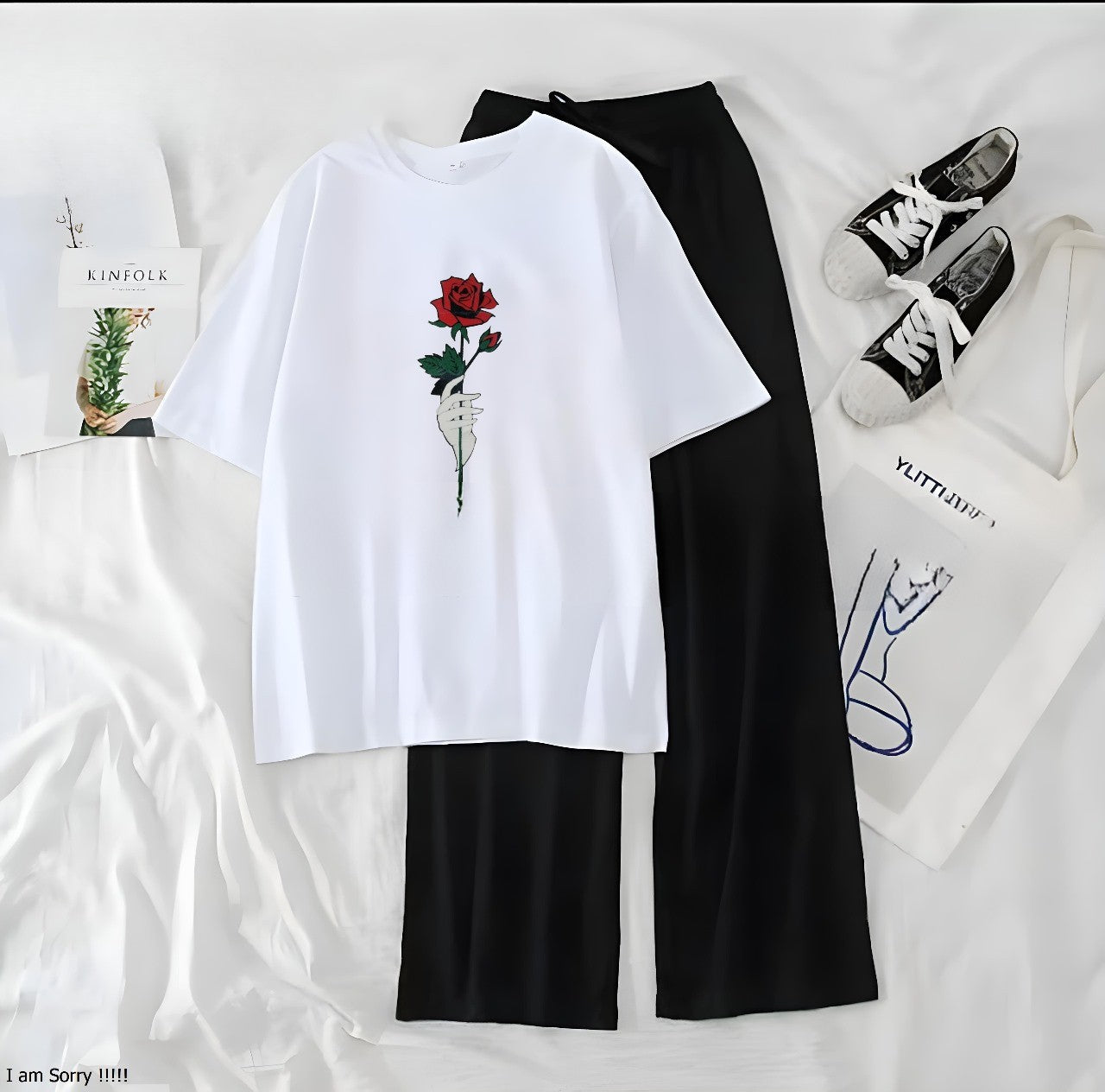 Rose White Black Loungewear - Zama Fashion