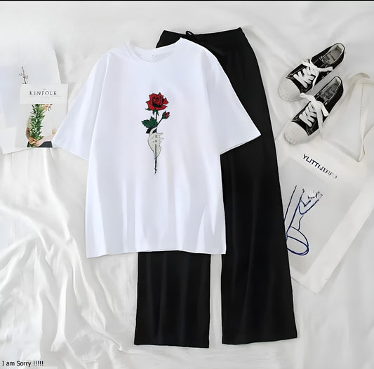 Rose White Black Loungewear - Zama Fashion