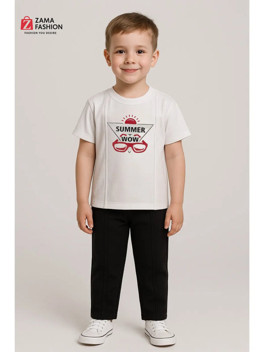 White Printed Summer Half Sleeve Shirt& Black Trouser Zama Fashion