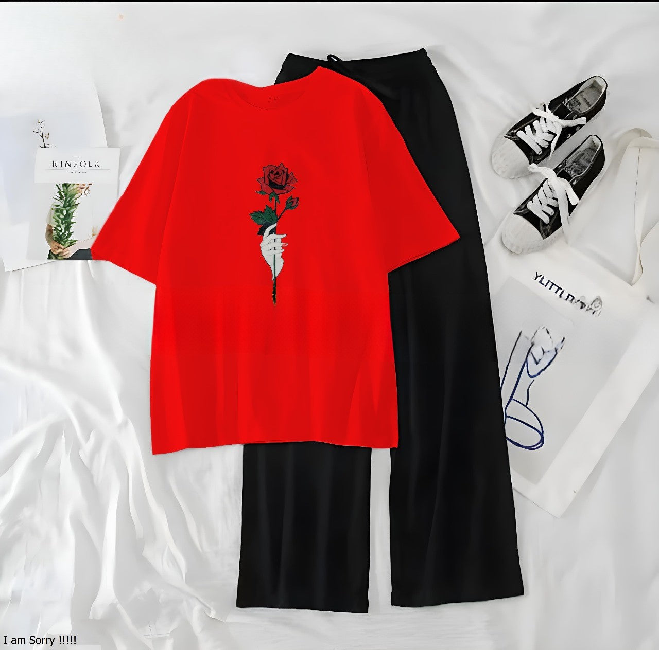 Rose Red Black Loungewear - Zama Fashion